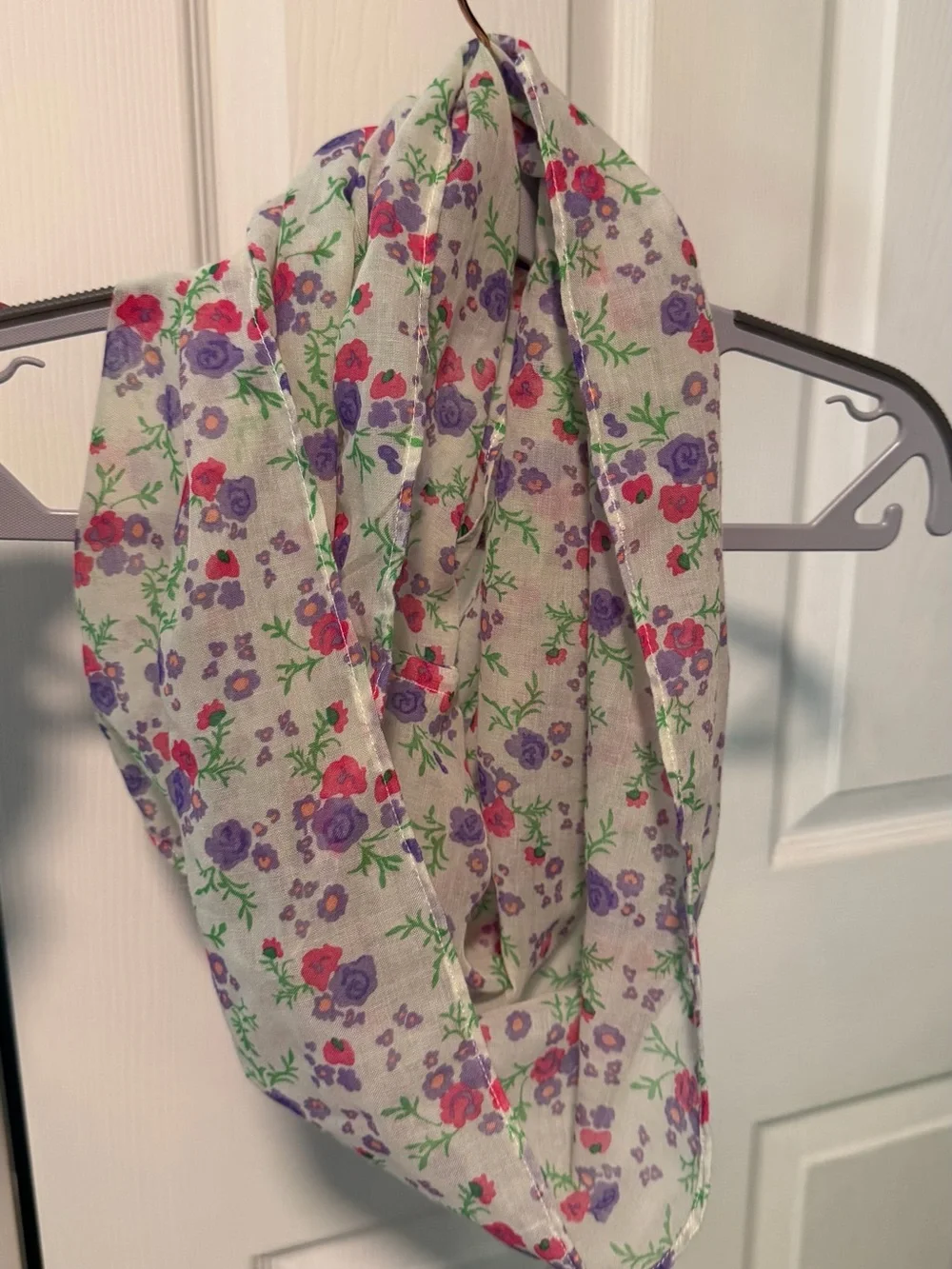 Floral Infinity Scarf /fabric wrap in Cream with Pink & Purple Blooms